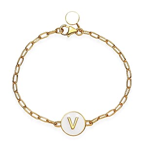 Initial V Paper Clip Bracelet, Vermeil Yellow Gold Over Sterling Silver Bracelet, Initial Bracelet, White Enamel Coin Bracelet (7.25 In) 6.25 Grams