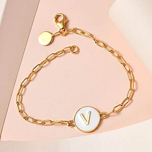 Initial V Paper Clip Bracelet, Vermeil Yellow Gold Over Sterling Silver Bracelet, Initial Bracelet, White Enamel Coin Bracelet (7.25 In) 6.25 Grams