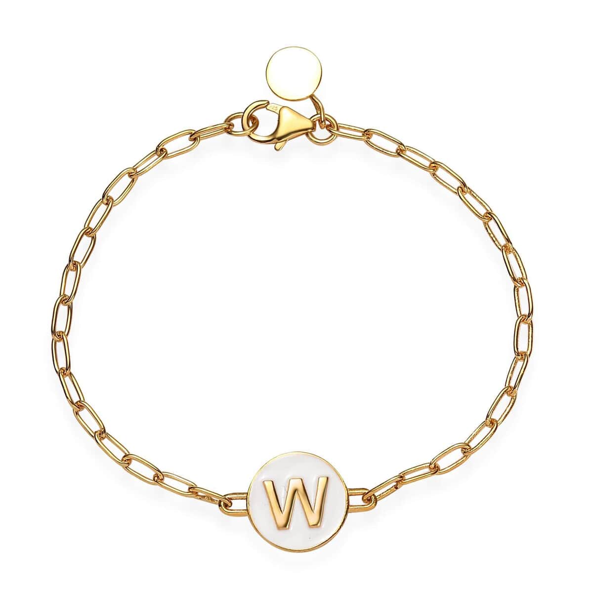 Initial W Paper Clip Bracelet, Vermeil Yellow Gold Over Sterling Silver Bracelet, Initial Bracelet, White Enamel Coin Bracelet (7.25 In) 6.15 Grams image number 0