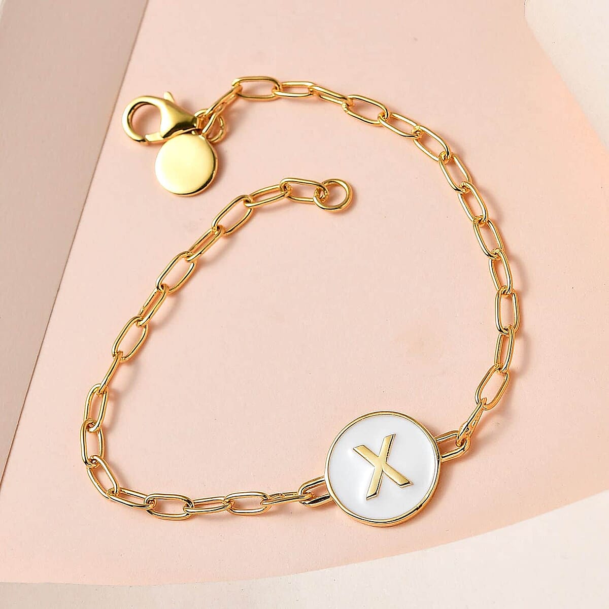Initial X Paper Clip Bracelet, Vermeil Yellow Gold Over Sterling Silver Bracelet, Initial Bracelet, White Enamel Coin Bracelet (7.25 In) 6.20 Grams image number 1