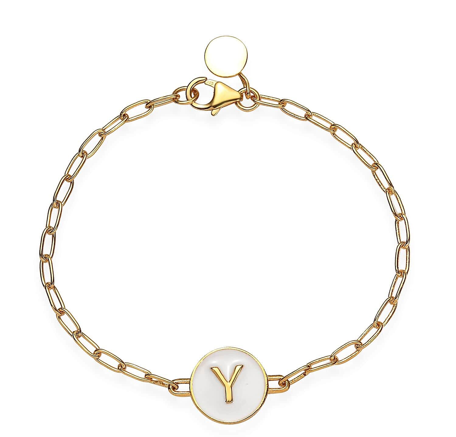 D'Joy Initial Y Paper Clip Bracelet, Vermeil Yellow Gold Over Sterling Silver Bracelet, Initial Bracelet, White Enamel Coin Brac