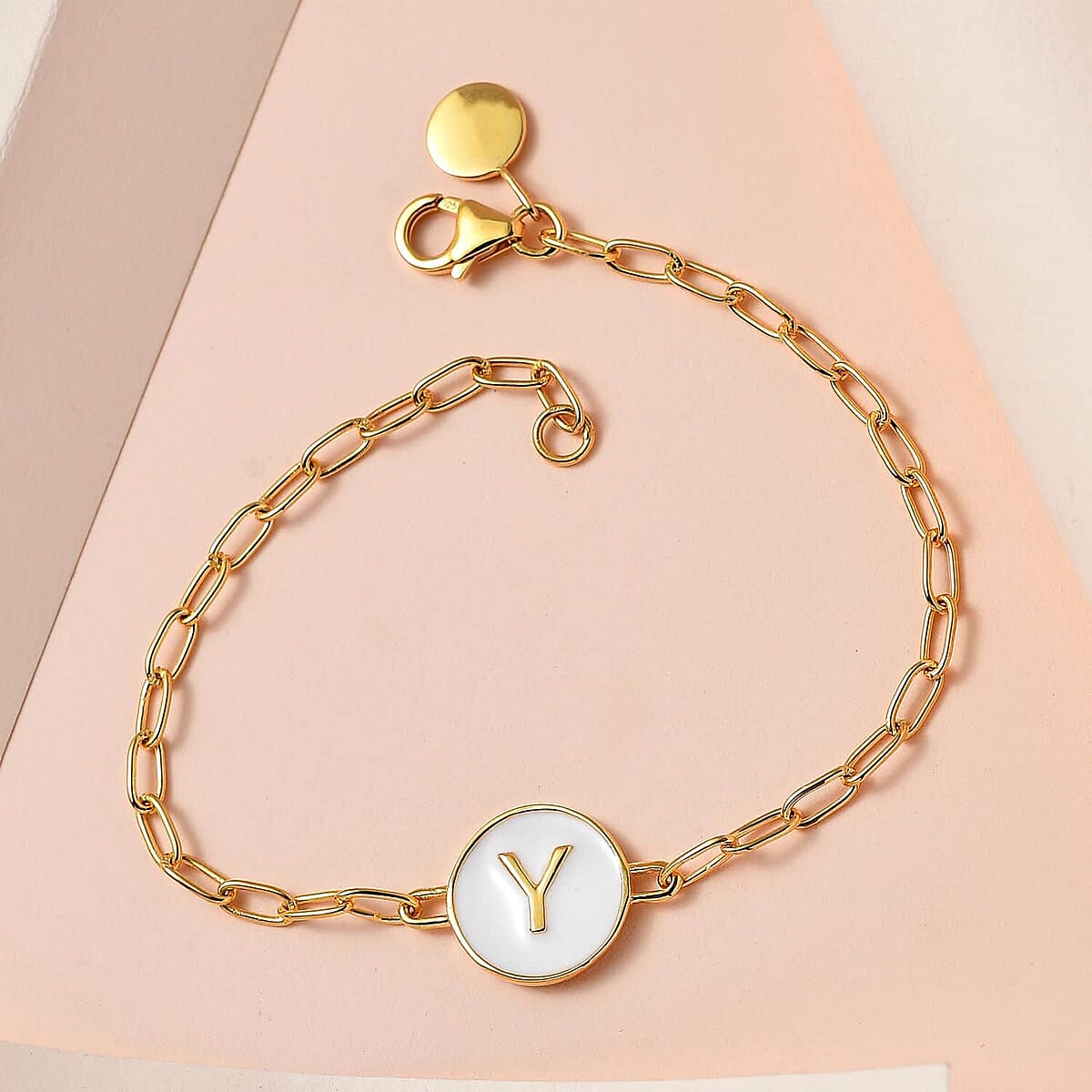 D'Joy Initial Y Paper Clip Bracelet, Vermeil Yellow Gold Over Sterling Silver Bracelet, Initial Bracelet, White Enamel Coin Bracelet (7.25 In) 5.90 Grams image number 1