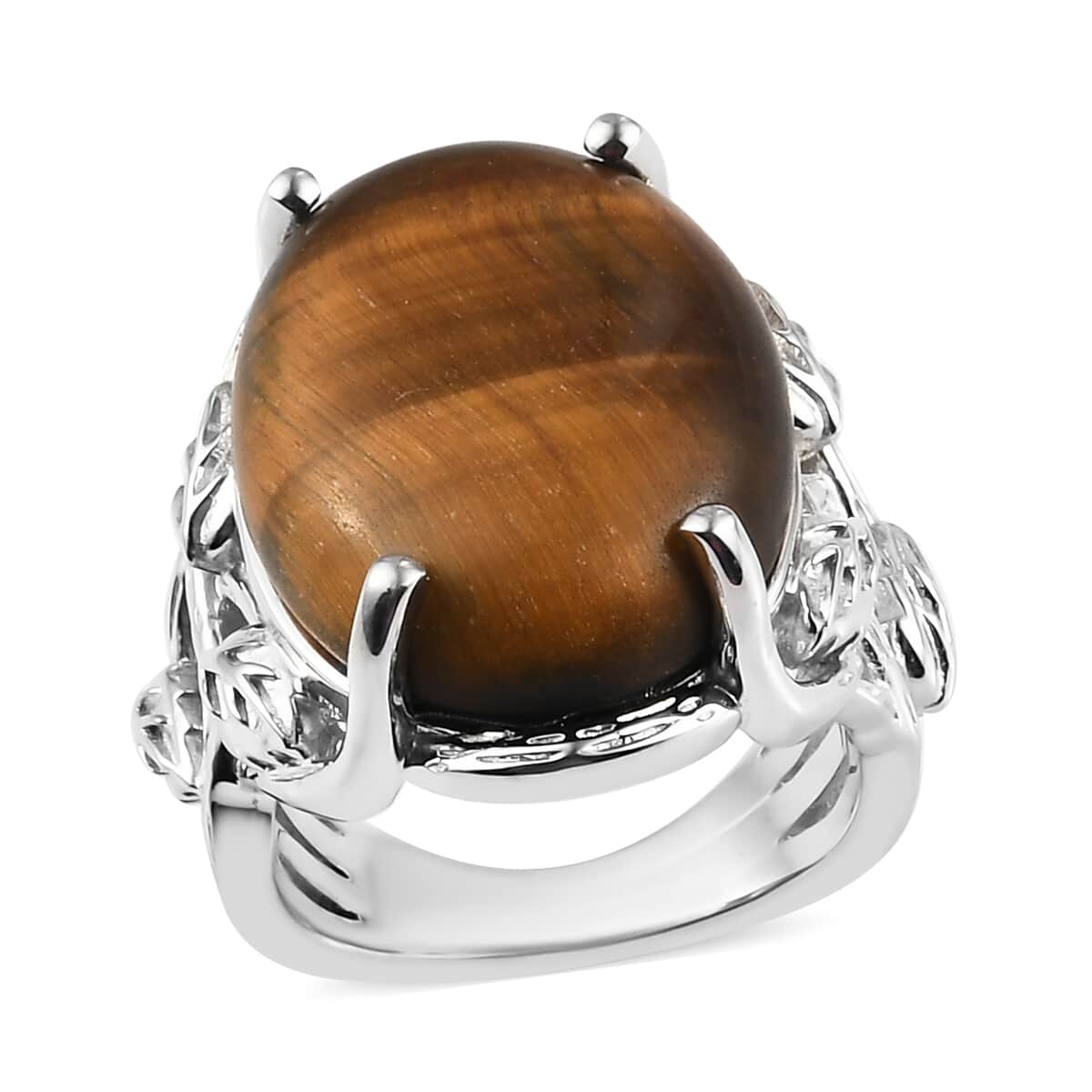 KARIS South African Tiger's Eye Solitaire Ring in Platinum Bond (Size 5.0) 15.40 ctw image number 0
