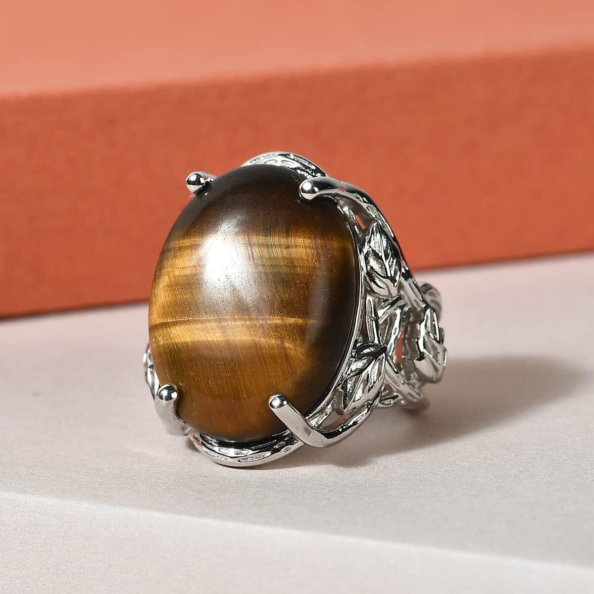 KARIS South African Tiger's Eye Solitaire Ring in Platinum Bond (Size 5.0) 15.40 ctw image number 1