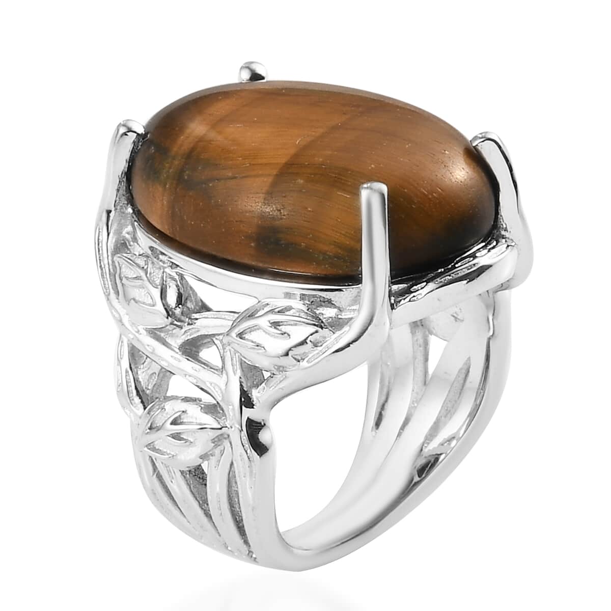KARIS South African Tiger's Eye Solitaire Ring in Platinum Bond (Size 5.0) 15.40 ctw image number 3