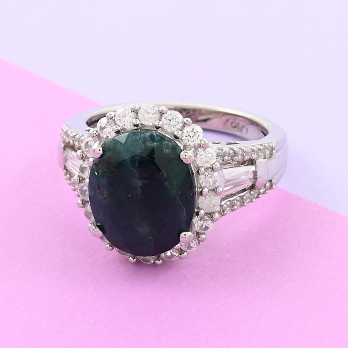 Teal Grandidierite and Zircon Ring in Platinum Over Sterling Silver (Size 10.0) 6.80 ctw image number 1