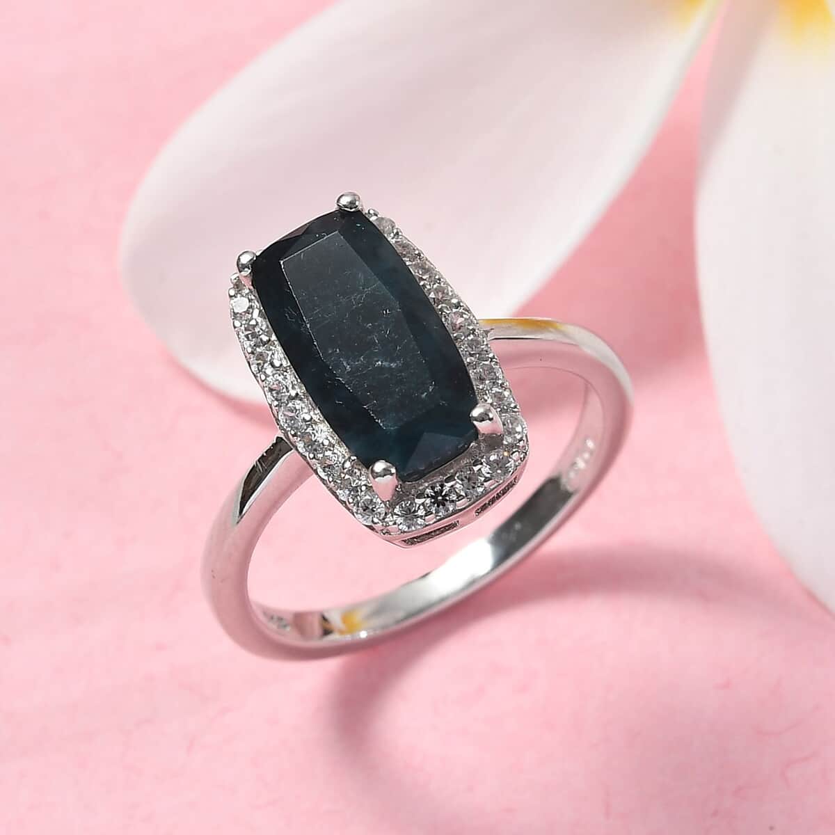 Teal Grandidierite and Zircon Halo Ring in Platinum Over Sterling Silver (Size 7.0) 2.60 ctw image number 1