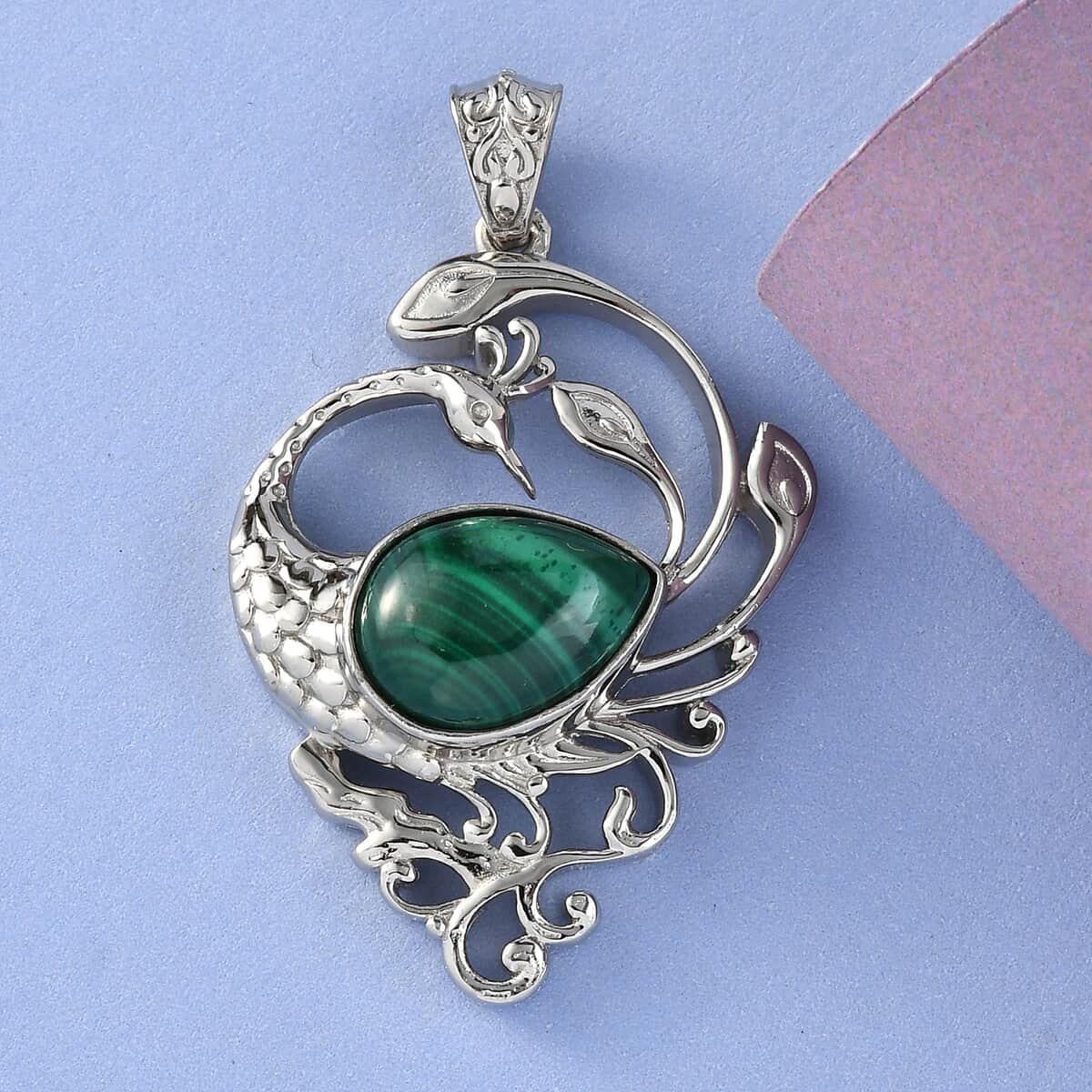 African Malachite Peacock Pendant in Platinum Over Copper with Magnet 7.40 ctw image number 1