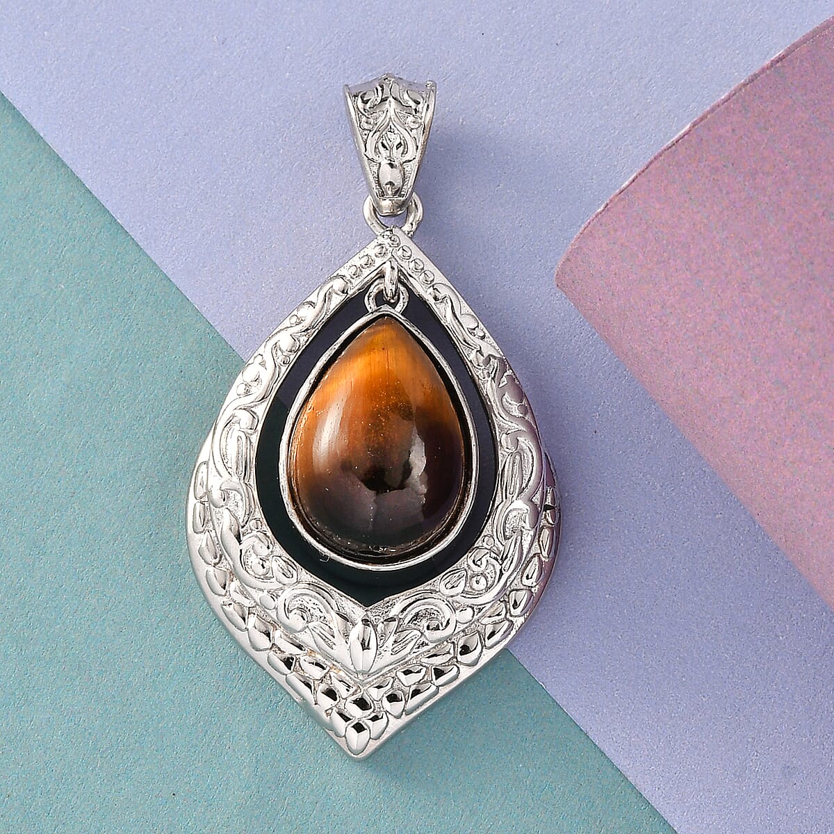 Tiger's Eye Solitaire Pendant in Platinum Over Copper with Magnet 6.50 ctw image number 1