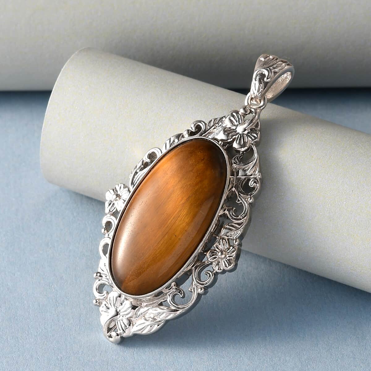 Tiger's Eye Solitaire Pendant in Platinum Over Copper with Magnet 21.50 ctw image number 1