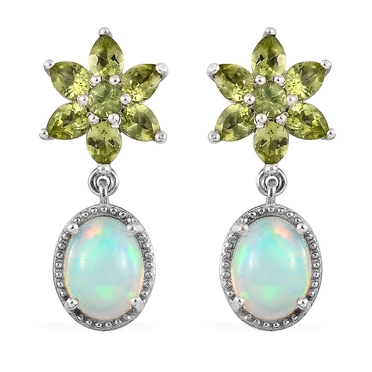 Ethiopian Welo Opal, Peridot Dangle Earrings in Platinum Over Sterling Silver 5.10 ctw