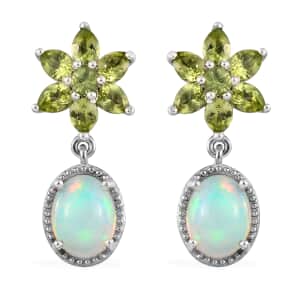 Ethiopian Welo Opal, Peridot Dangle Earrings in Platinum Over Sterling Silver 5.10 ctw