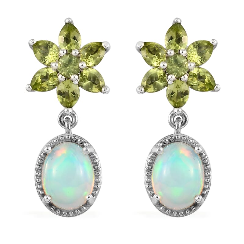 Ethiopian Welo Opal, Peridot Dangle Earrings in Platinum Over Sterling Silver 5.10 ctw