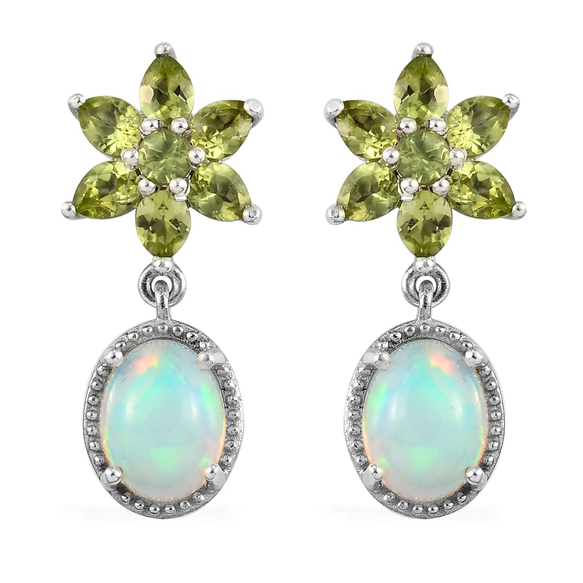 Ethiopian Welo Opal, Peridot Dangle Earrings in Platinum Over Sterling Silver 5.10 ctw image number 0