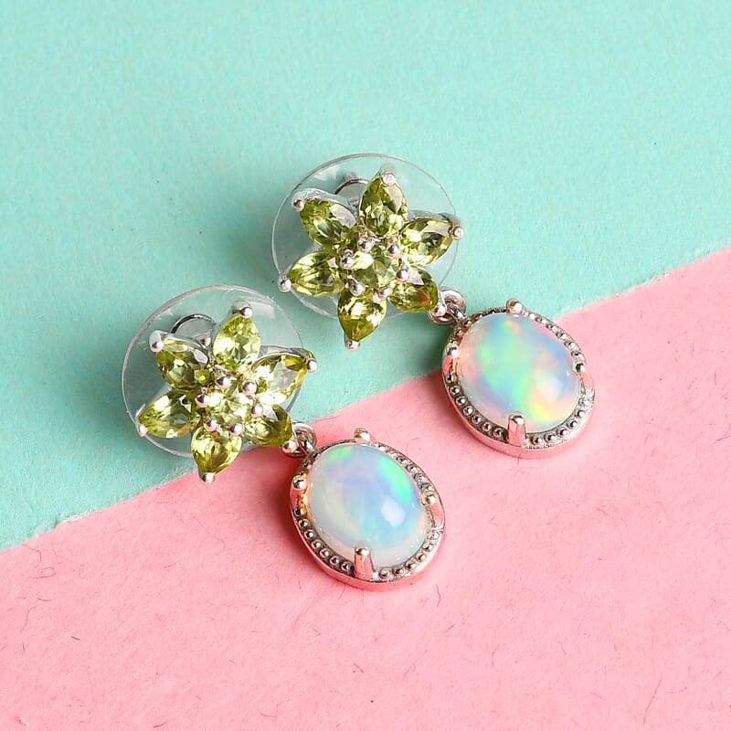 Ethiopian Welo Opal, Peridot Dangle Earrings in Platinum Over Sterling Silver 5.10 ctw