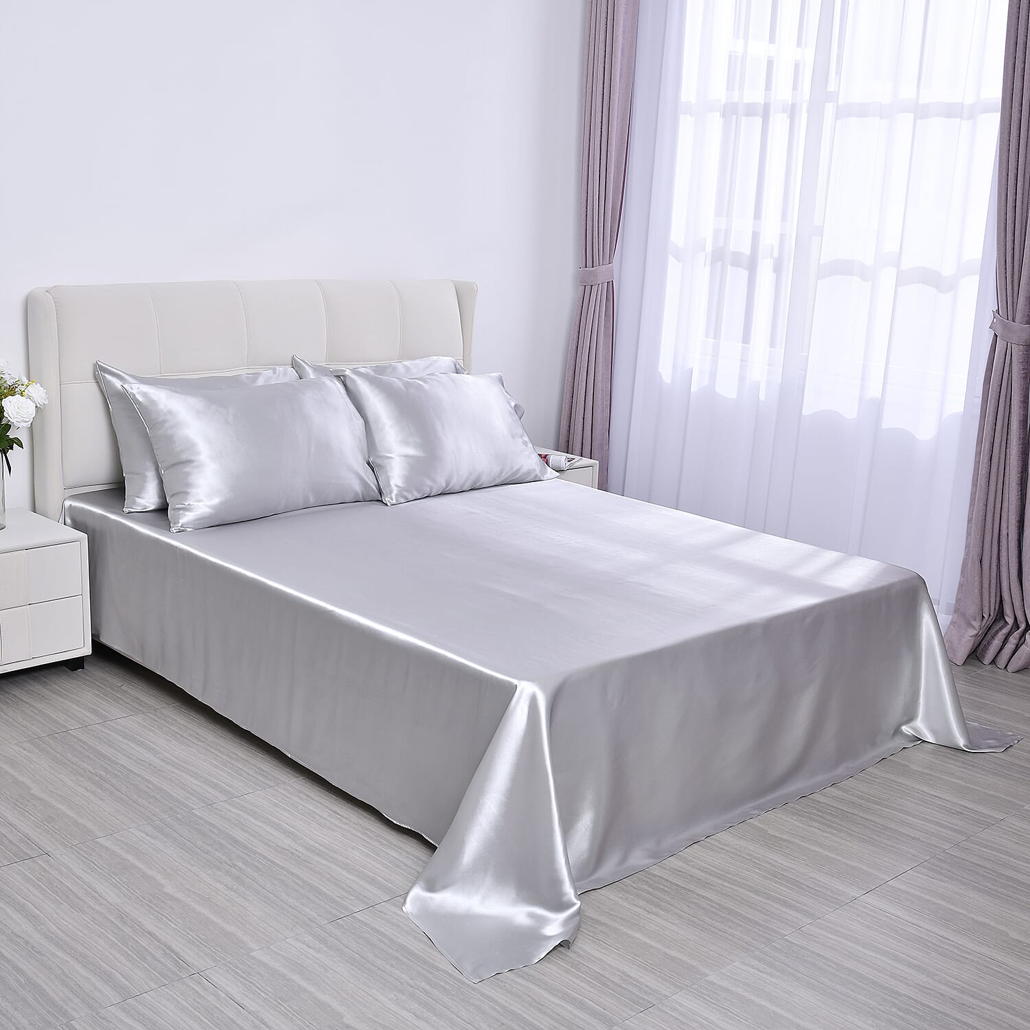 Homesmart Gray Solid 6pcs Satin Sheet Set - King (100% Microfiber)