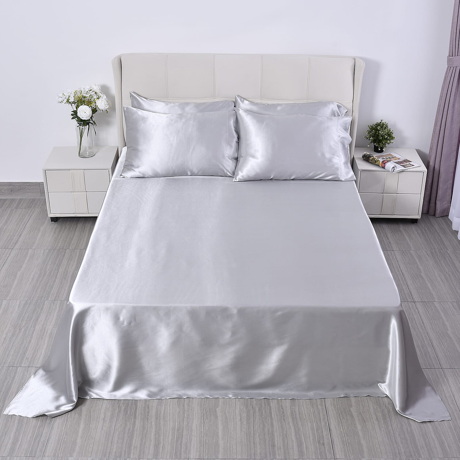 Homesmart Gray Solid 6pcs Satin Sheet Set - King (100% Microfiber)