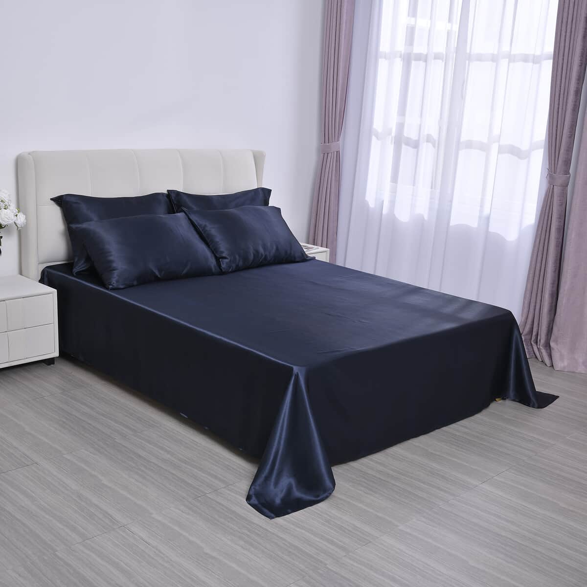 Homesmart Navy Solid 6pcs Satin Sheet Set - Queen (100% Microfiber) image number 0