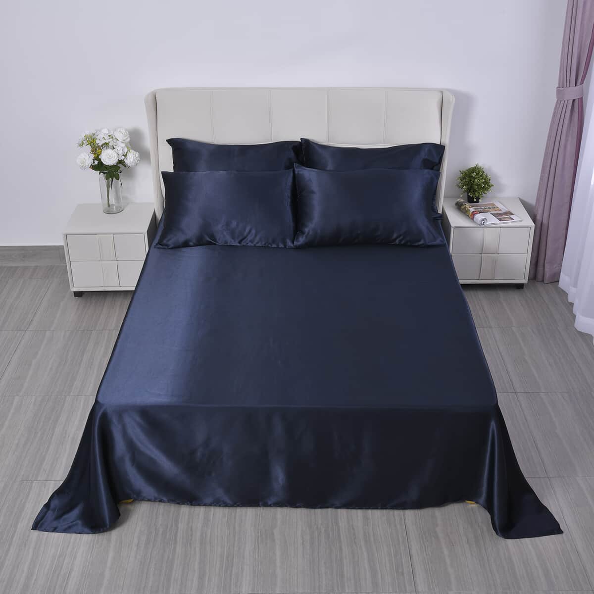 Homesmart Navy Solid 6pcs Satin Sheet Set - Queen (100% Microfiber) image number 2