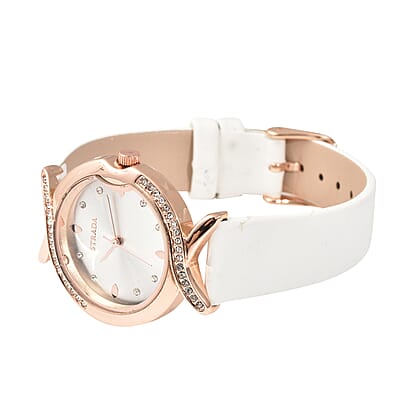 Strada Austrian Crystal Japanese Movement Watch with White Vegan Leather Strap