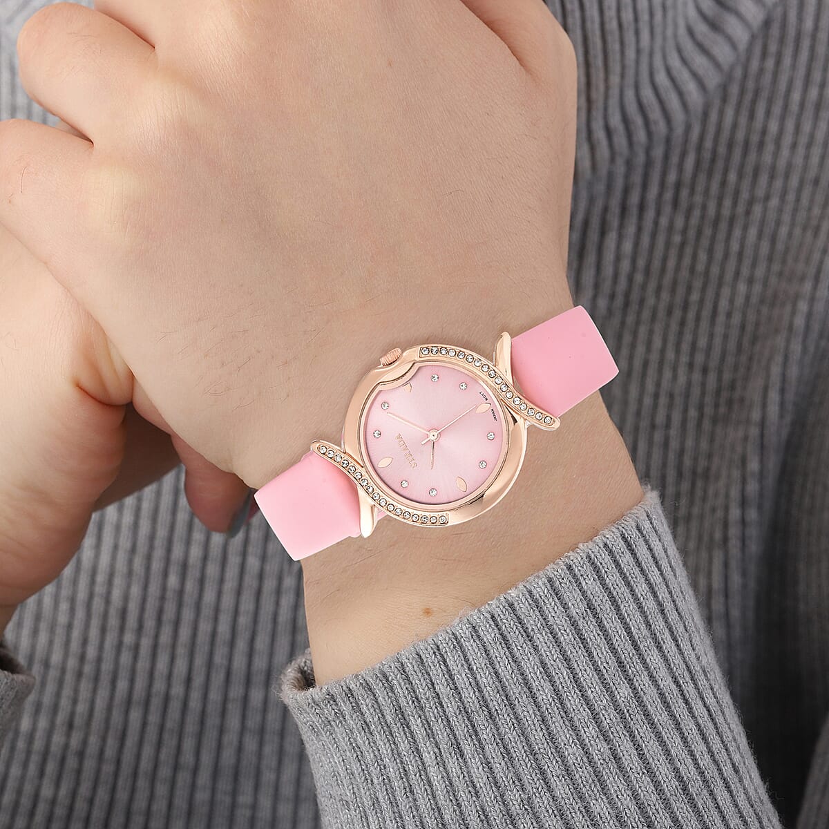 Strada Austrian Crystal Japanese Movement Watch with Pink Vegan Leather Strap image number 2