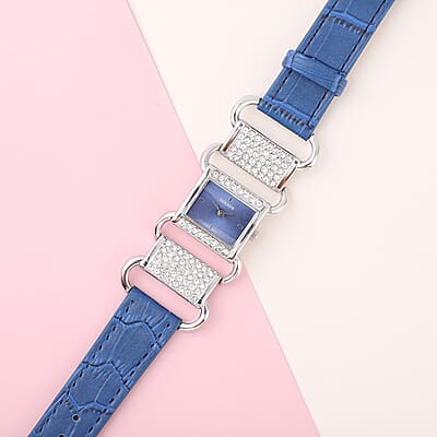 Strada Austrian Crystal Japanese Movement Watch with Sapphire Blue Faux Leather Band