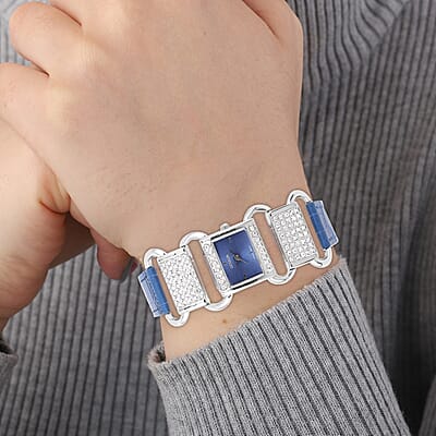 Strada Austrian Crystal Japanese Movement Watch with Sapphire Blue Faux Leather Band