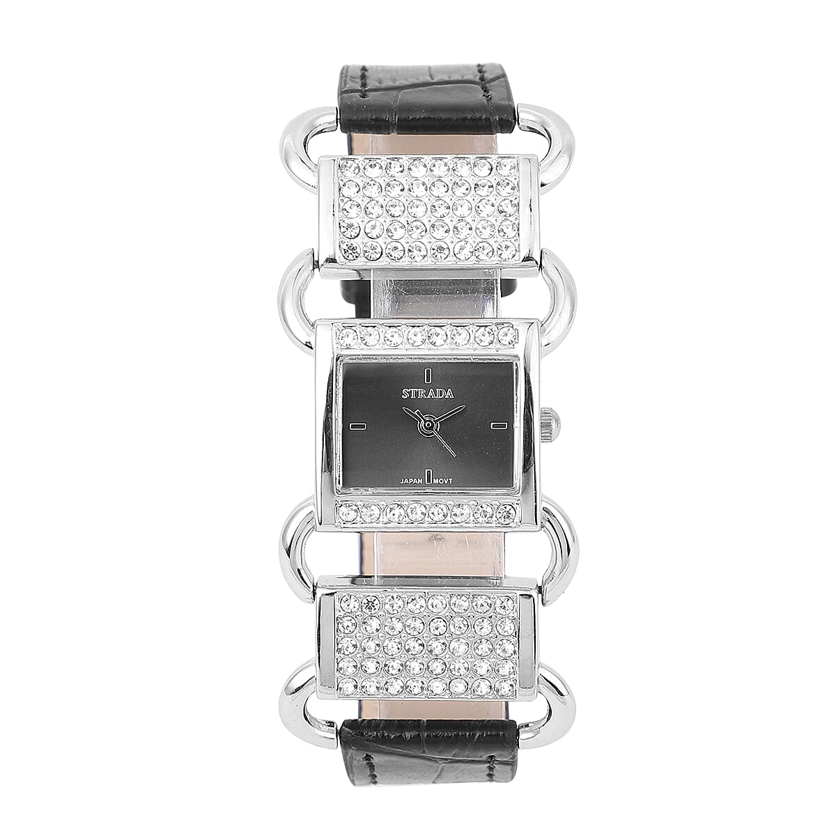 Strada Austrian Crystal Japanese Movement Watch with Black Faux Leather Band image number 0