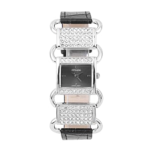 Strada Austrian Crystal Japanese Movement Watch with Black Faux Leather Band