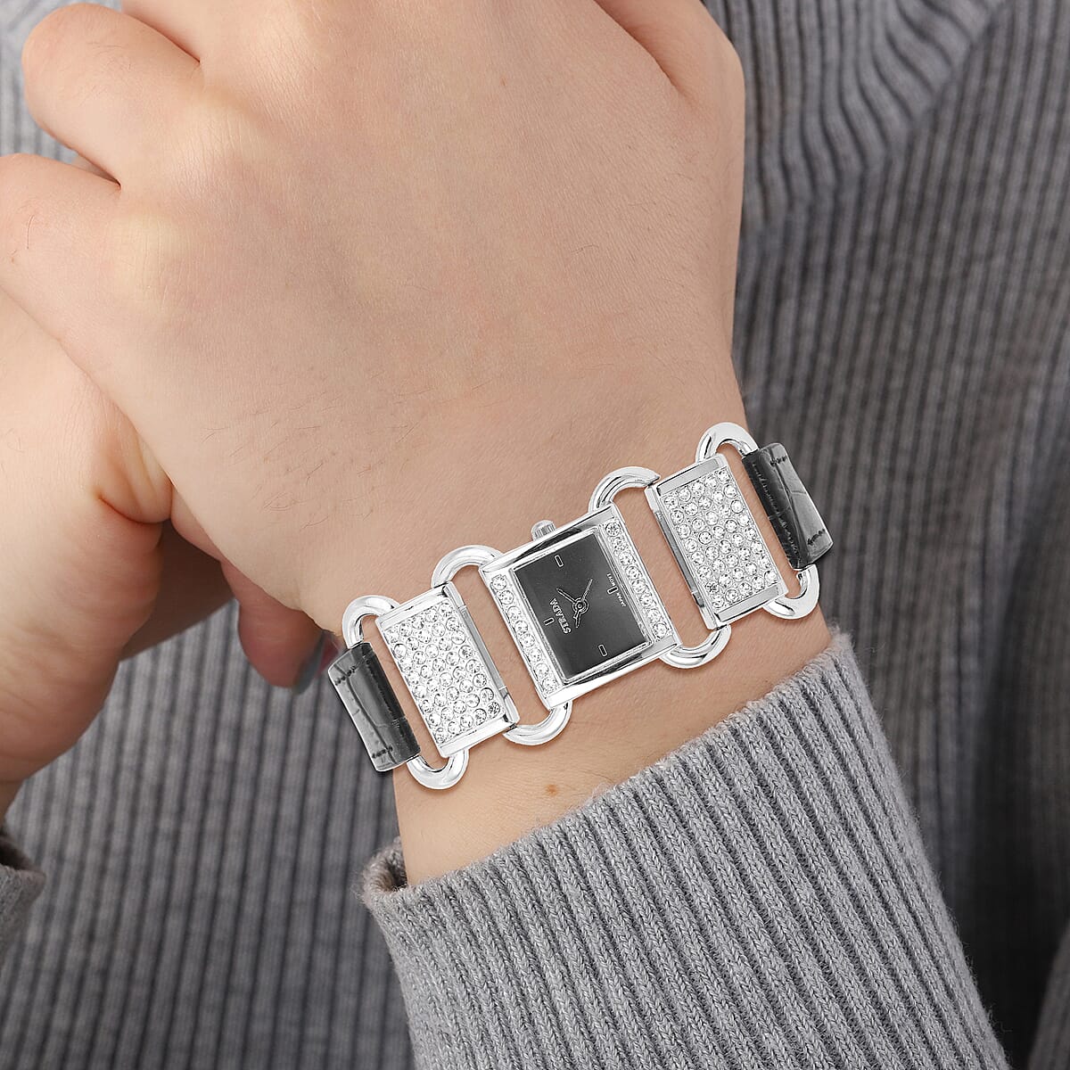 Strada Austrian Crystal Japanese Movement Watch with Black Faux Leather Band image number 1