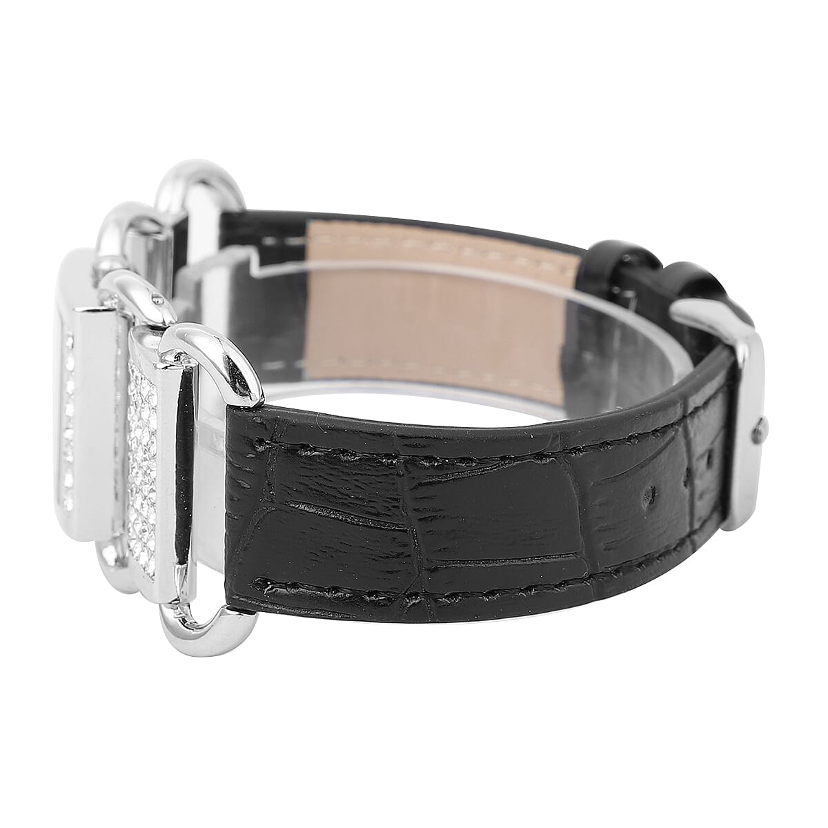 Strada Austrian Crystal Japanese Movement Watch with Black Faux Leather Band image number 3