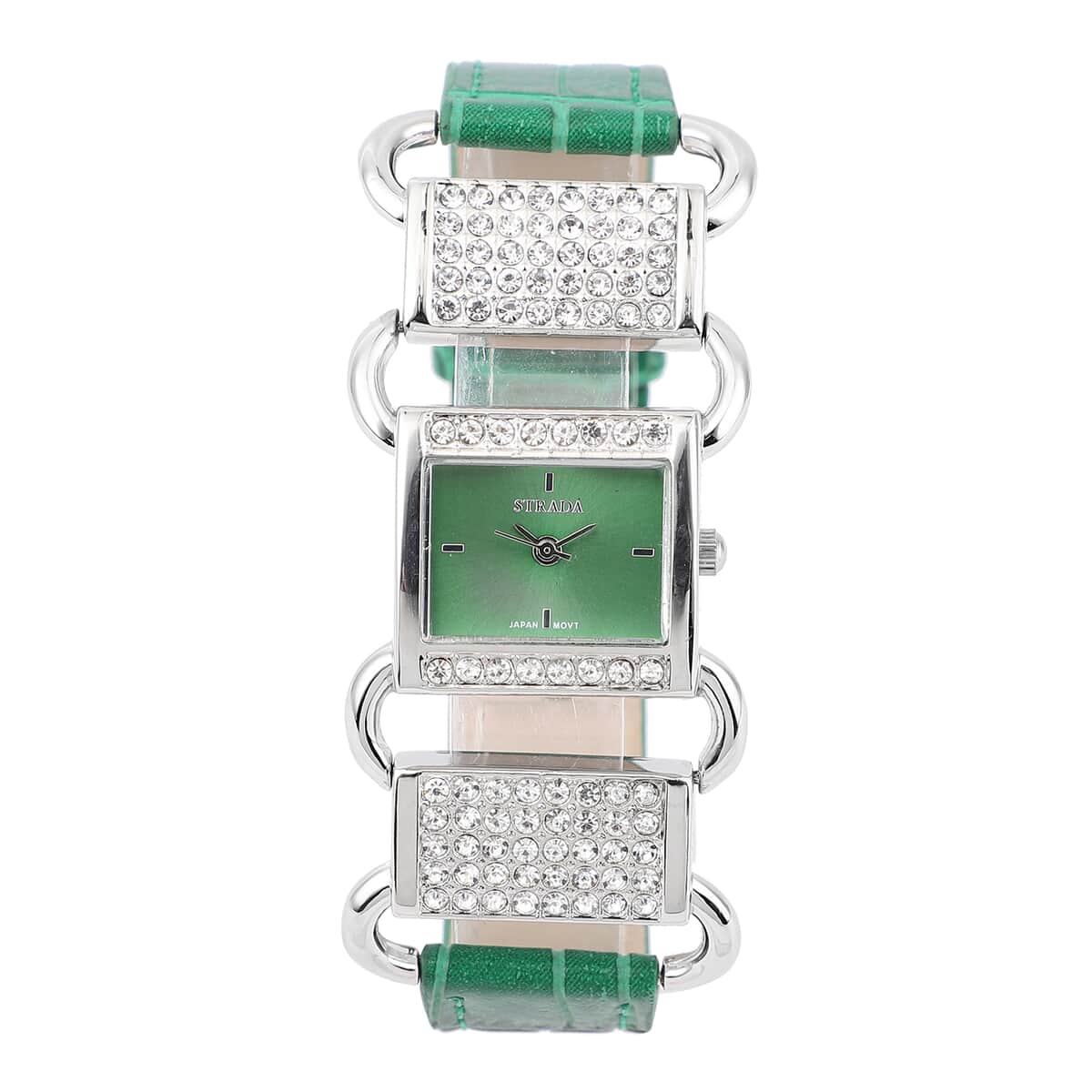 Strada Austrian Crystal Japanese Movement Watch with Green Faux Leather Band image number 0