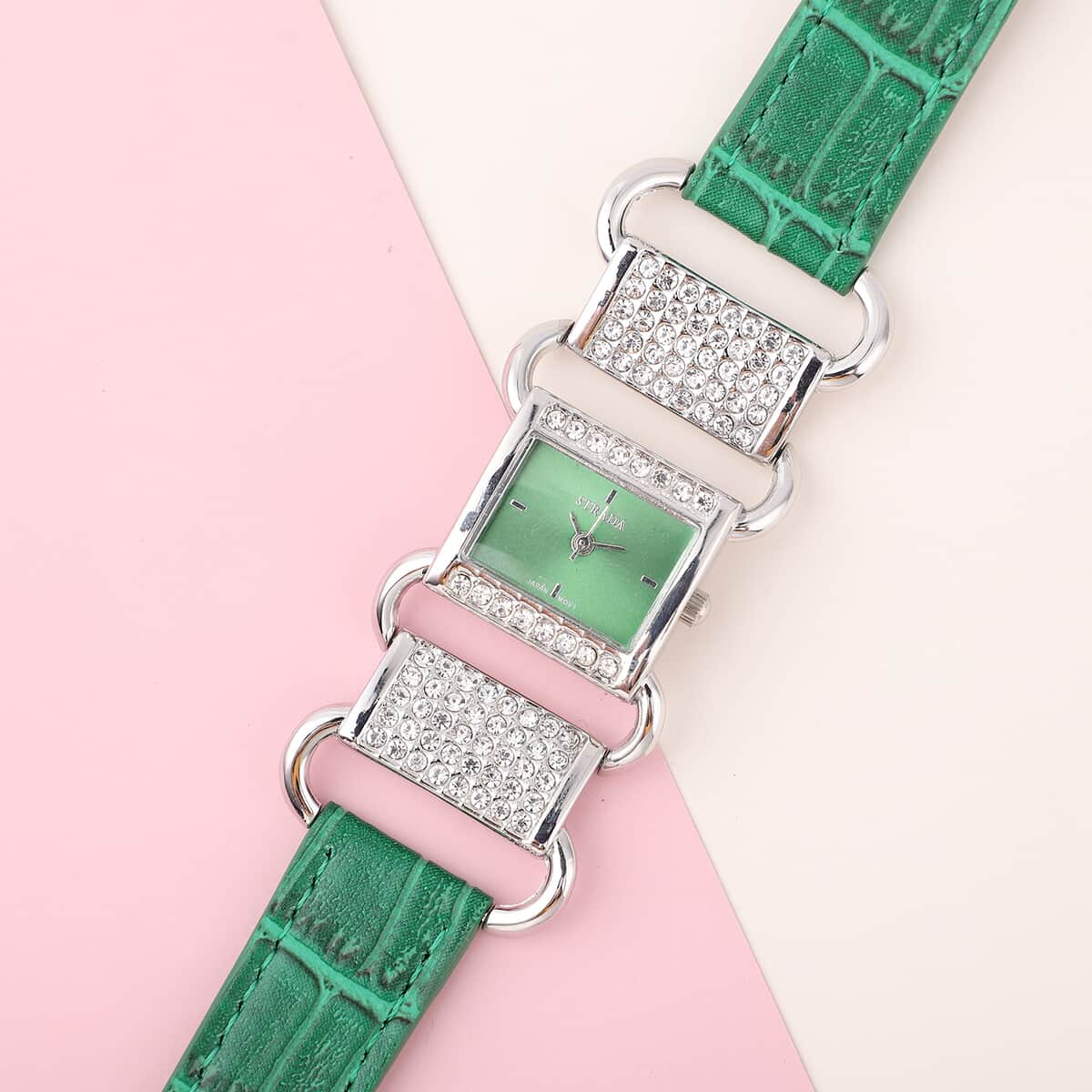 Strada Austrian Crystal Japanese Movement Watch with Green Faux Leather Band image number 1