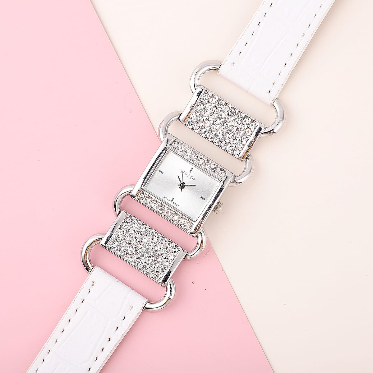 Strada Austrian Crystal Japanese Movement Watch with White Faux Leather Band image number 1