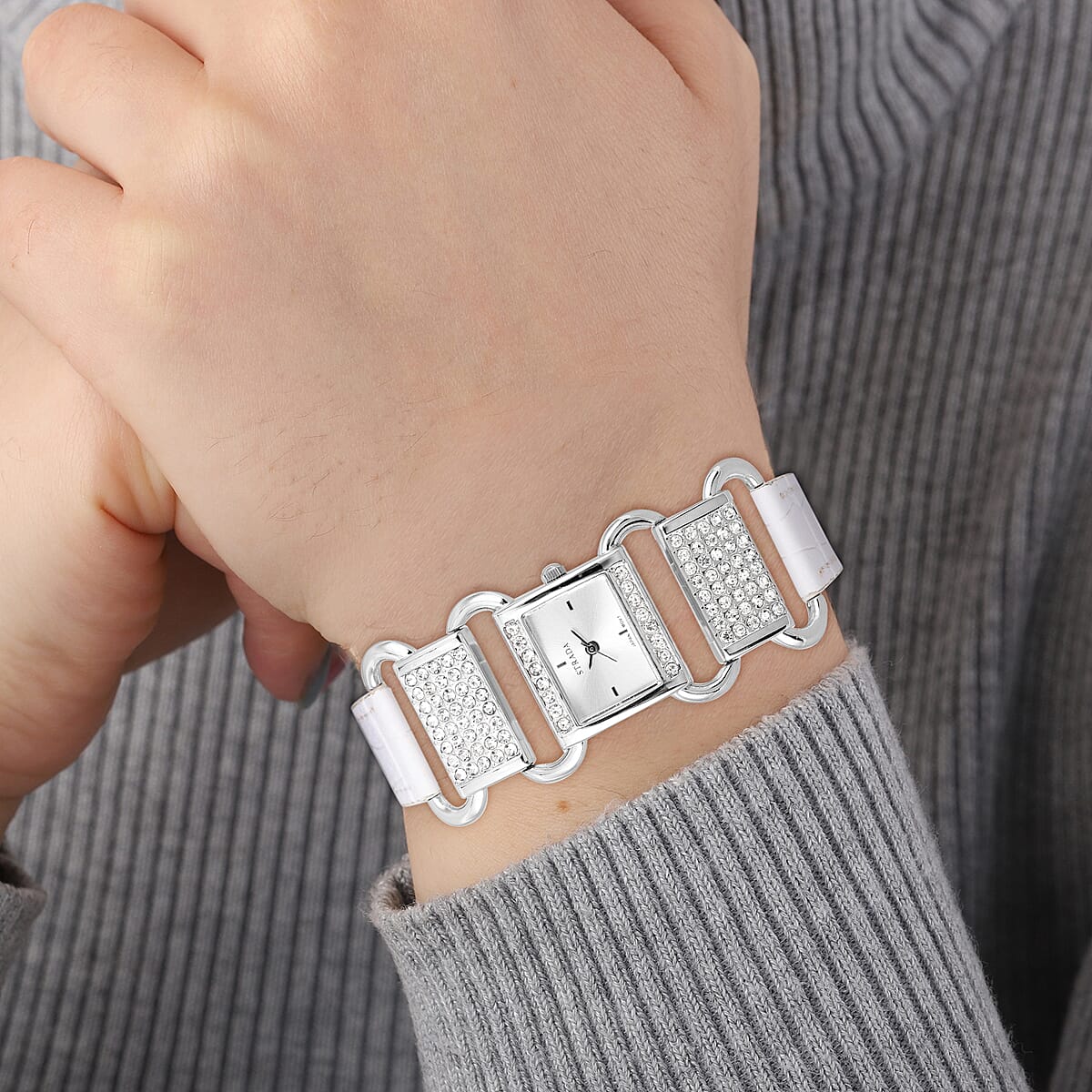 Strada Austrian Crystal Japanese Movement Watch with White Faux Leather Band image number 2