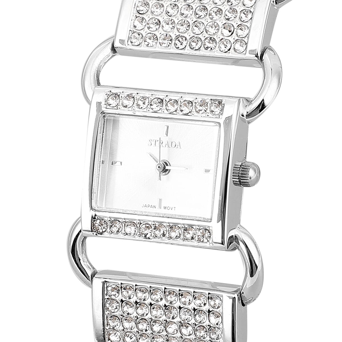 Strada Austrian Crystal Japanese Movement Watch with White Faux Leather Band image number 3