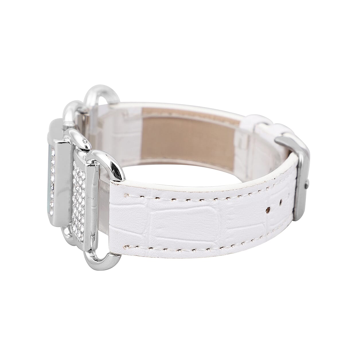 Strada Austrian Crystal Japanese Movement Watch with White Faux Leather Band image number 4