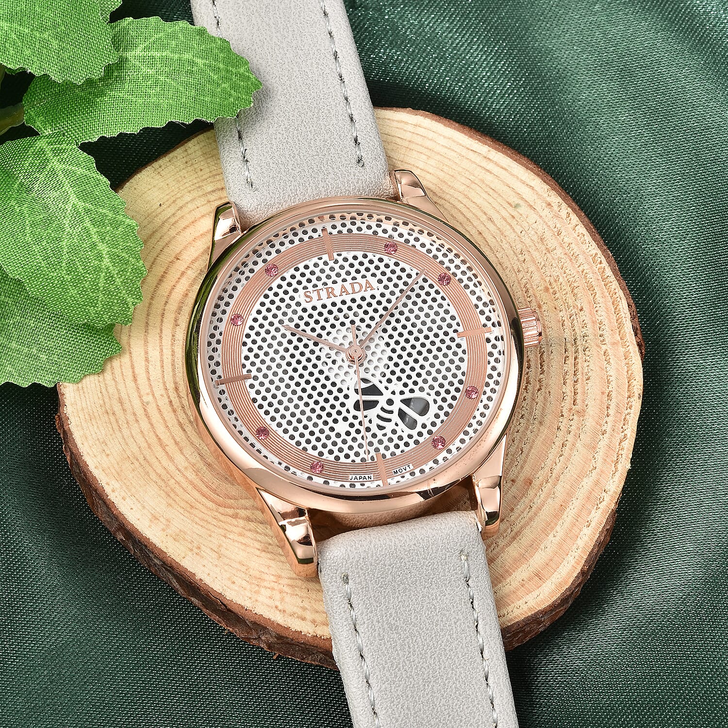 Strada Pink Austrian Crystal Japanese Movement White Bee Pattern Dial Watch with Gray Faux Leather Strap and Stainless Steel Back