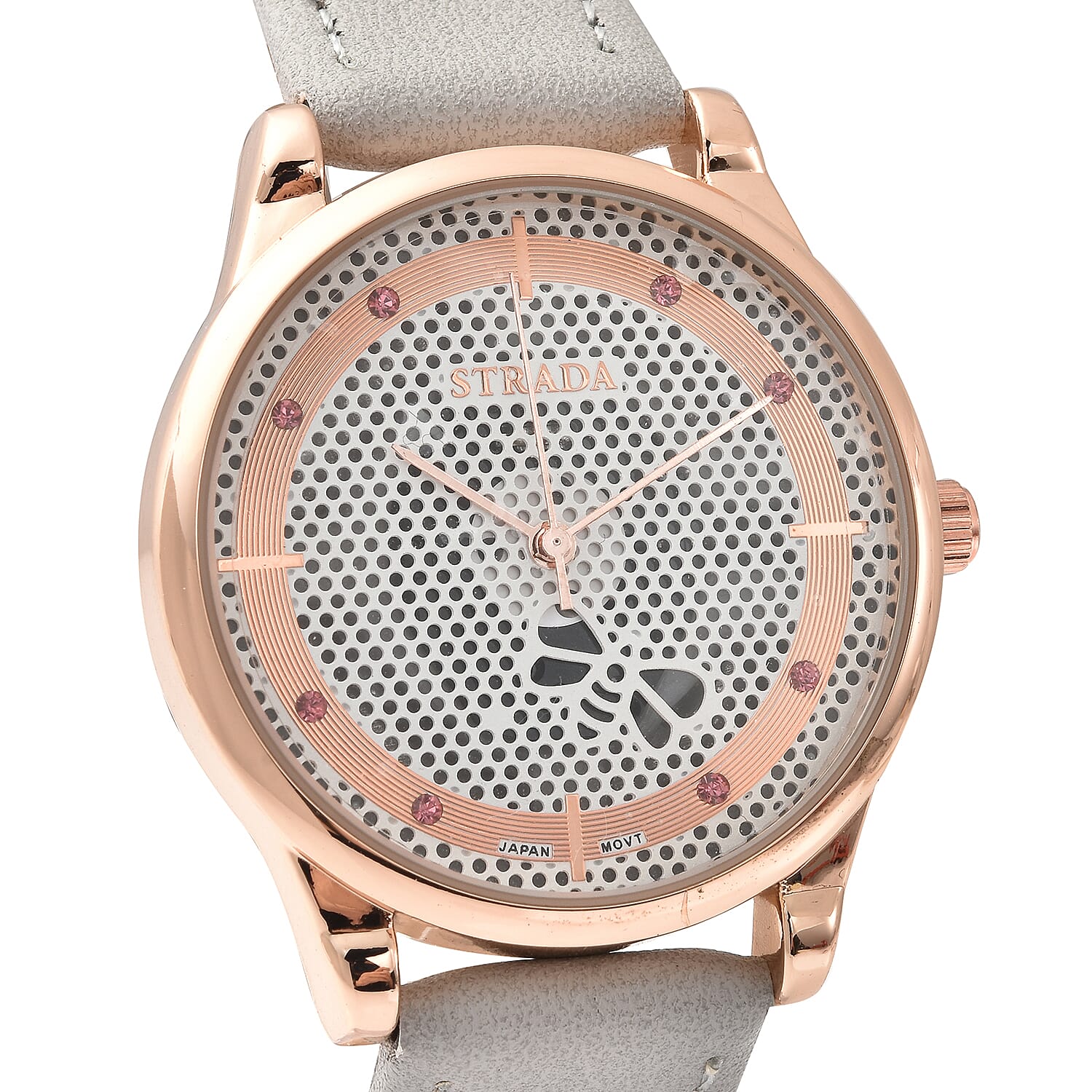 Strada Pink Austrian Crystal Japanese Movement White Bee Pattern Dial Watch with Gray Faux Leather Strap and Stainless Steel Back