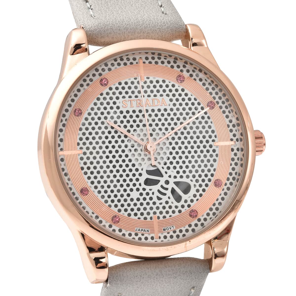 STRADA Pink Austrian Crystal Japanese Movement White Bee Pattern Dial Watch with Gray Faux Leather Strap and Stainless Steel Back image number 3