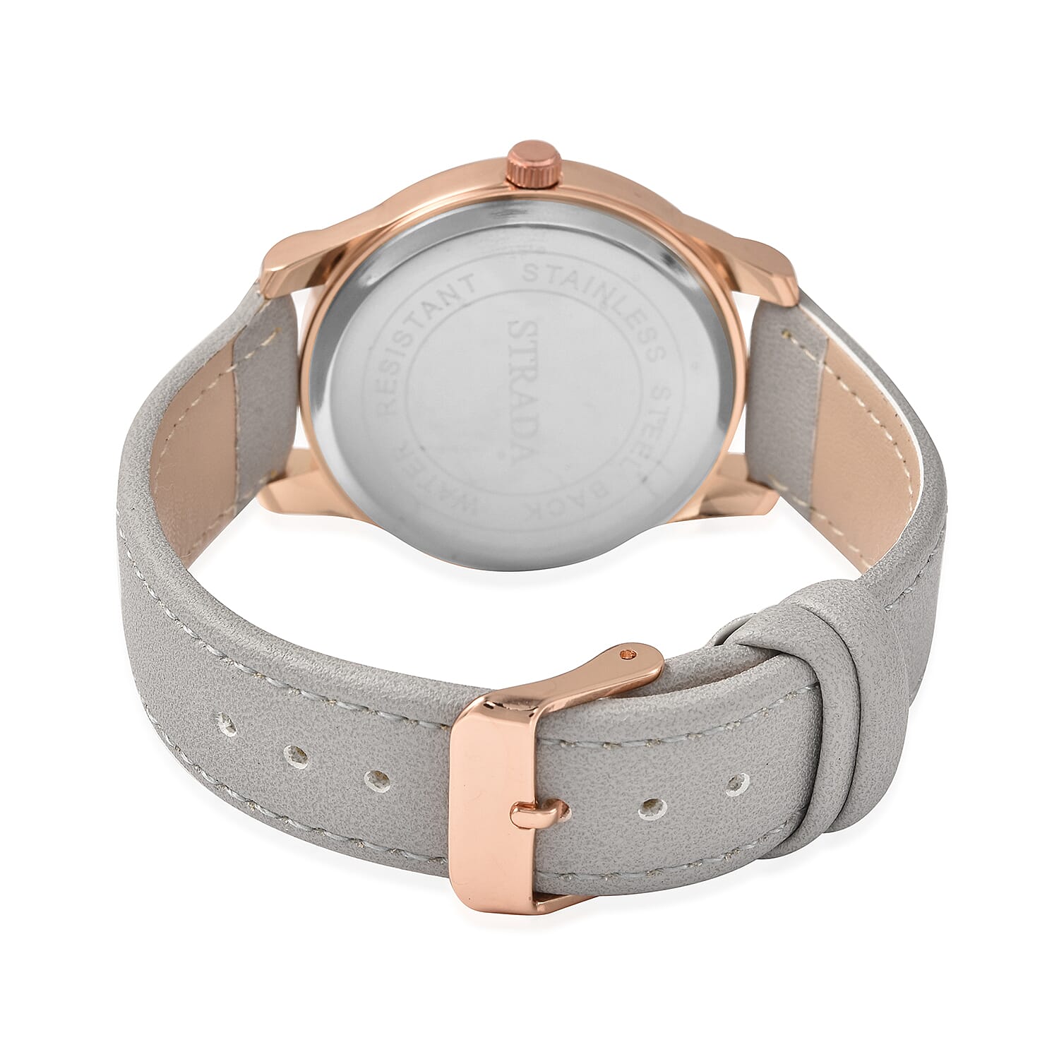 Strada Pink Austrian Crystal Japanese Movement White Bee Pattern Dial Watch with Gray Faux Leather Strap and Stainless Steel Back