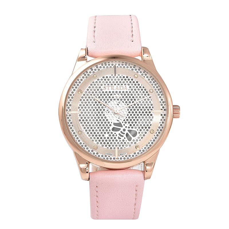 Strada Crystal Japanese Movement White Bee Pattern Dial Watch with Pink Faux Leather Strap and Stainless Steel Back