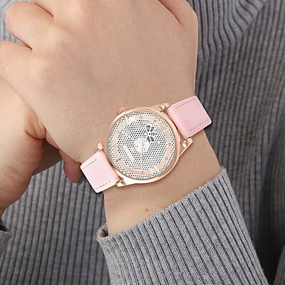 Strada Crystal Japanese Movement White Bee Pattern Dial Watch with Pink Faux Leather Strap and Stainless Steel Back