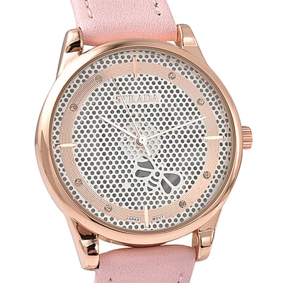 Strada Crystal Japanese Movement White Bee Pattern Dial Watch with Pink Faux Leather Strap and Stainless Steel Back