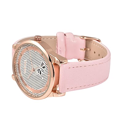 Strada Crystal Japanese Movement White Bee Pattern Dial Watch with Pink Faux Leather Strap and Stainless Steel Back
