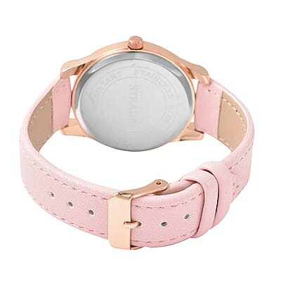 Strada Crystal Japanese Movement White Bee Pattern Dial Watch with Pink Faux Leather Strap and Stainless Steel Back