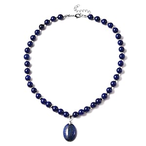 Lapis Lazuli 180.50 ctw Beaded Necklace 18-20 Inches with Elongated Matching Pendant in Silvertone