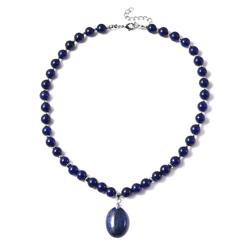 Lapis Lazuli 180.50 ctw Beaded Necklace 18-20 Inches with Elongated Matching Pendant in Silvertone