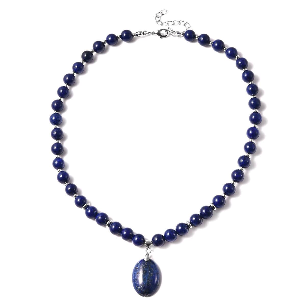 Lapis Lazuli Beaded Necklace 18 Inches with Elongated Matching Pendant in Silvertone 180.50 ctw image number 0