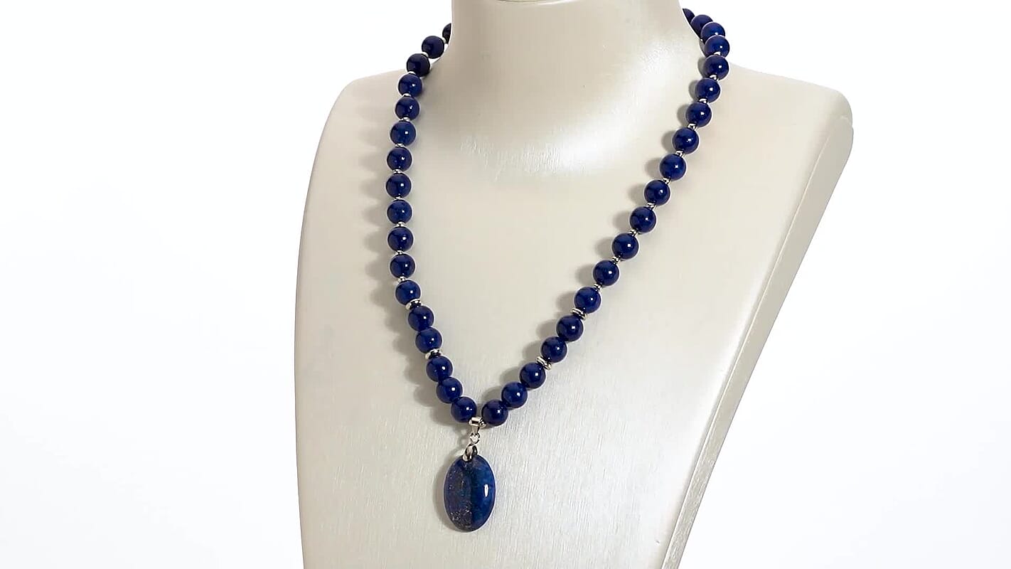 Lapis Lazuli Beaded Necklace 18 Inches with Elongated Matching Pendant in Silvertone 180.50 ctw